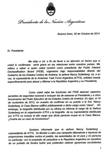 Cristina Fernández le pide a Obama que aclare si una funcionaria suya asesora a los buitres