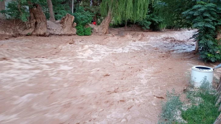 Por una crecida, la calle principal de Barreal se convirtió en un río por algunas horas