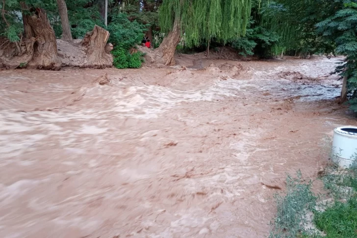 Por una crecida, la calle principal de Barreal se convirtió en un río por algunas horas