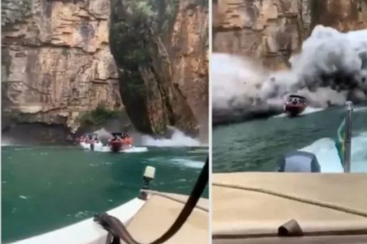 [VIDEO] Impactante: se desprende un bloque de rocas y aplasta a lanchas con turistas