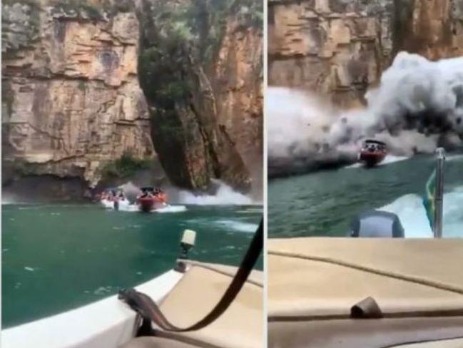 [VIDEO] Impactante: se desprende un bloque de rocas y aplasta a lanchas con turistas