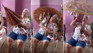 La reacción de una abuela al descubrir la sorpresa que recibió en un paraguas