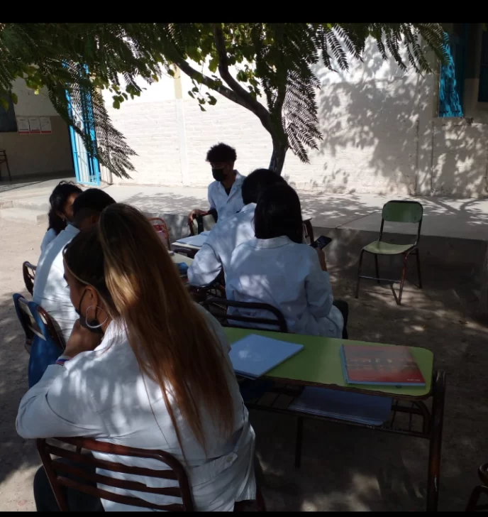 Alumnos de una escuela de Rawson toman clases en el patio, abajo de un árbol