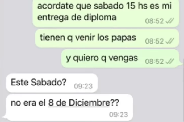 Un padre estalló porque su hija lo invitó a su entrega de diplomas este sábado a las 15