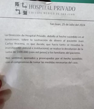 El Hospital Privado repuso los $100.000 que le sustrajeron a un paciente