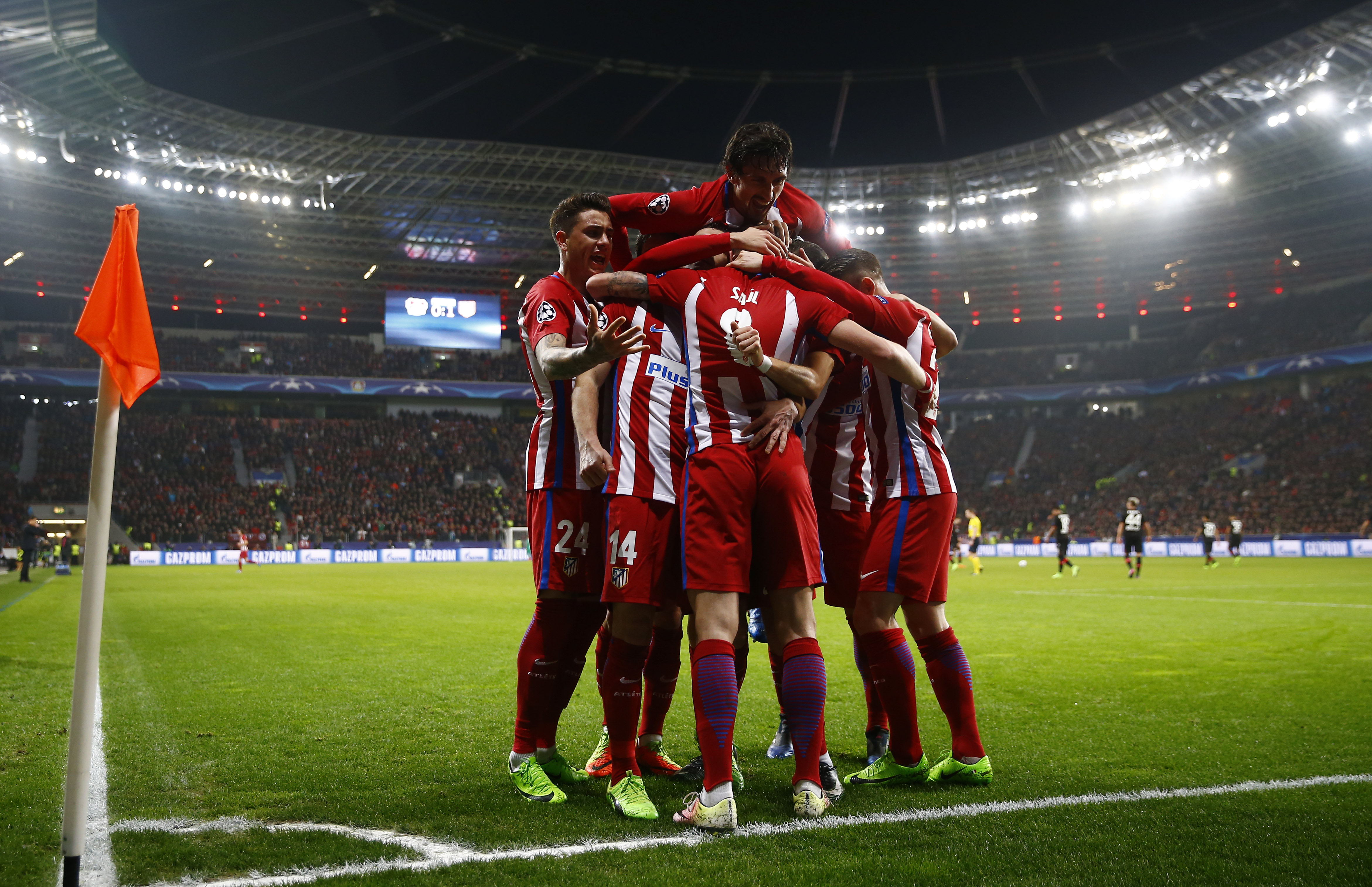 Atletico Madrid's Saul Niguez celebrates scoring their first goal with teammates - 17-CCT51731