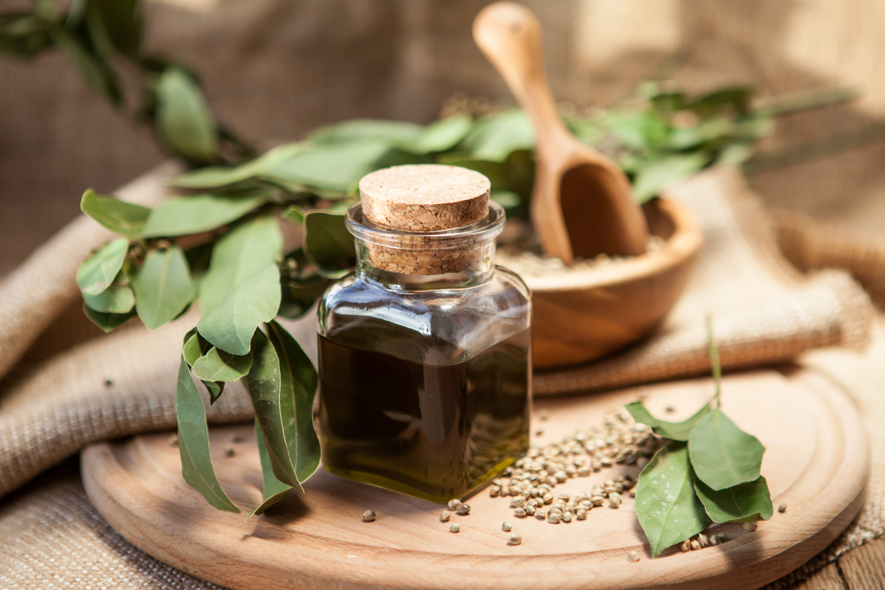 hemp oil in a vessel with seeds