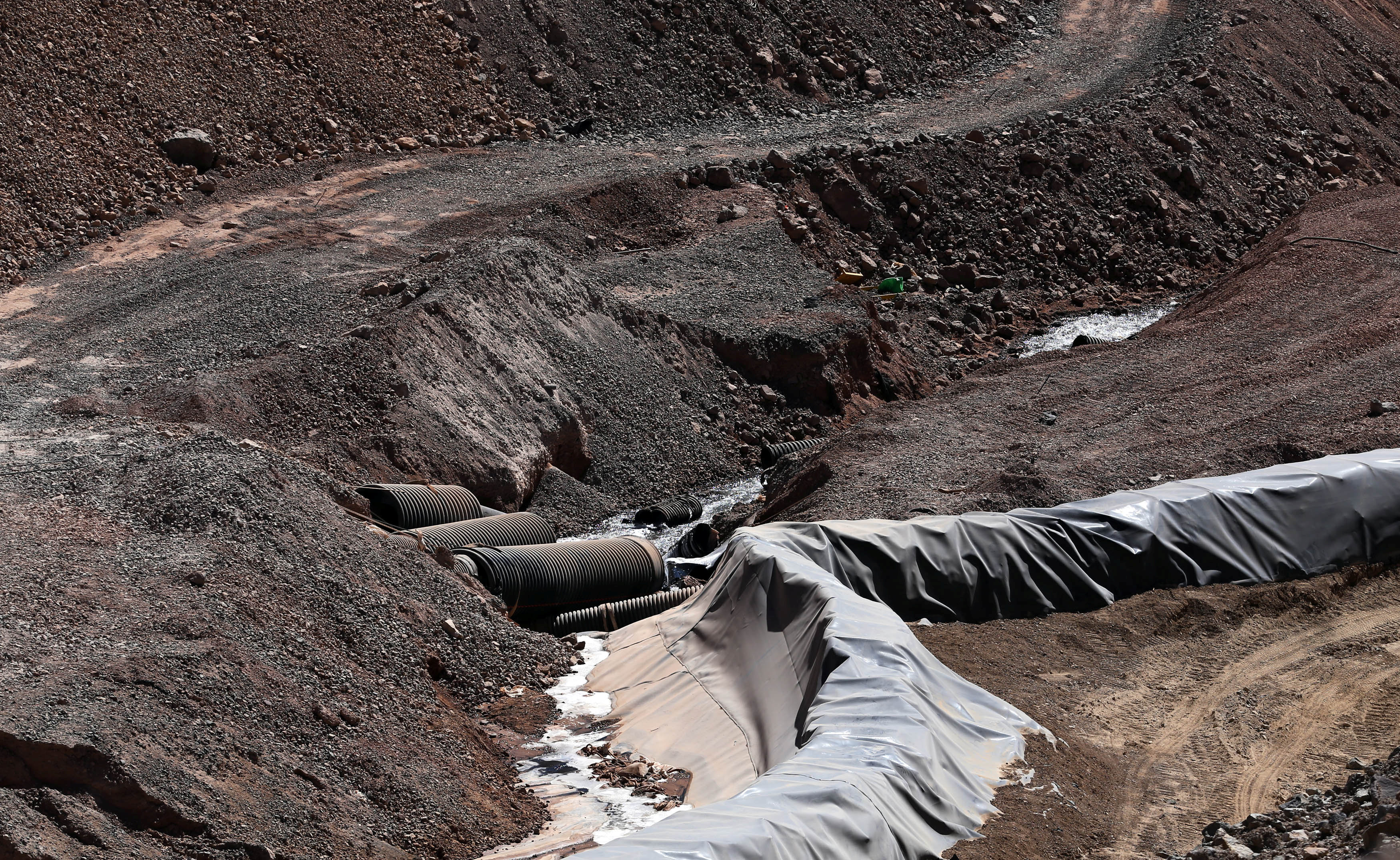 Pipes that became decoupled are seen at Barrick Gold Corp's Veladero gold mine in San Juan province