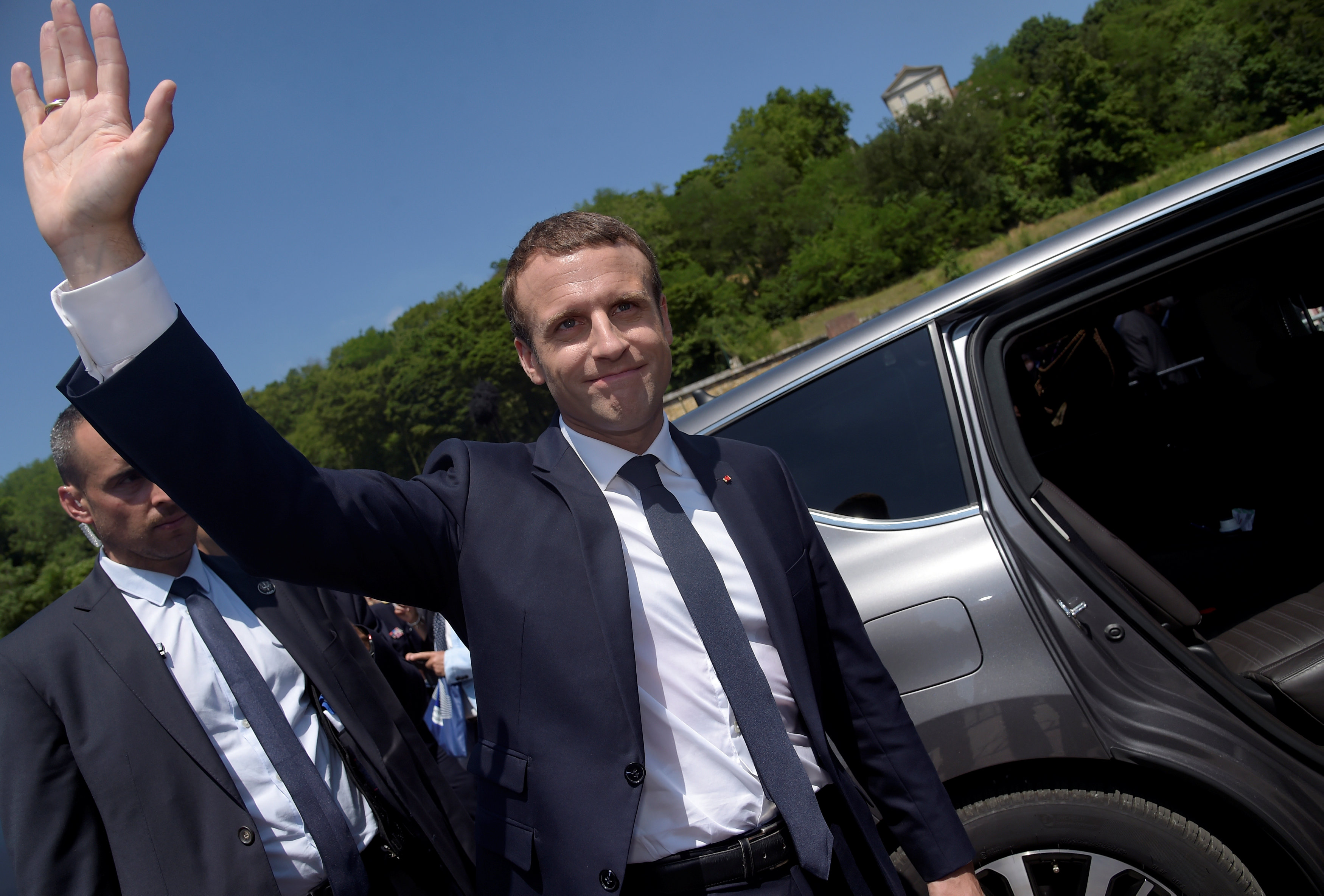 French President Emmanuel Macron attends a ceremony marking the 77th anniversary of late French General Charles de Gaulle's appeal of June 18, 1940, at the Mont Valerien memorial in Suresnes